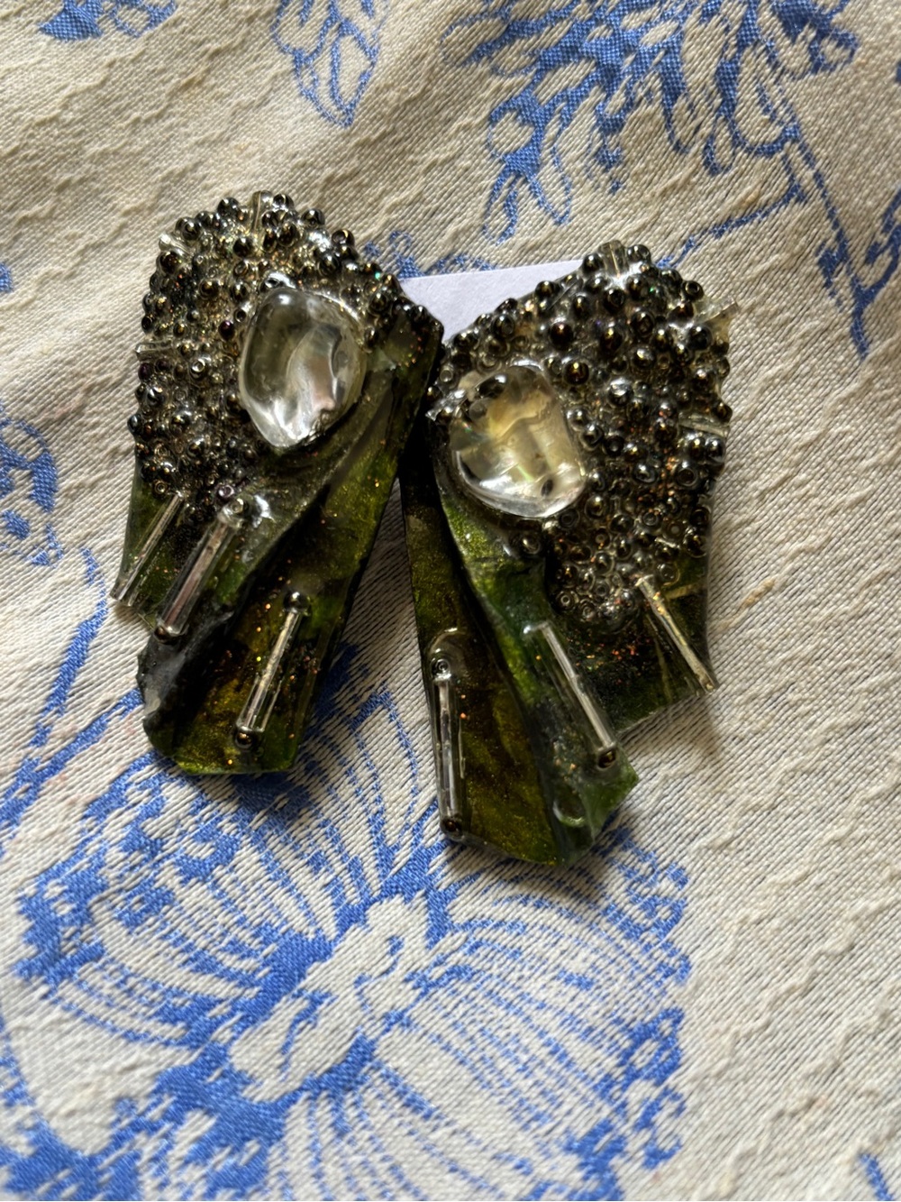 Vintage Green and Gold Cluster Glass Earrings